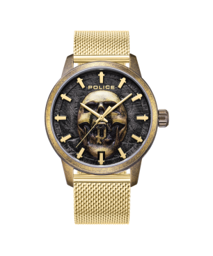 Reloj POLICE Raho Hombre - Brazalete de Acero Malla Milanesa IP Dorado - Esfera Negra con Calavera | 5 ATM | PEWJG0005504