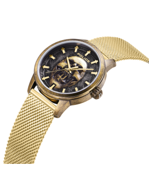 Reloj POLICE Raho Hombre - Brazalete de Acero Malla Milanesa IP Dorado - Esfera Negra con Calavera | 5 ATM | PEWJG0005504