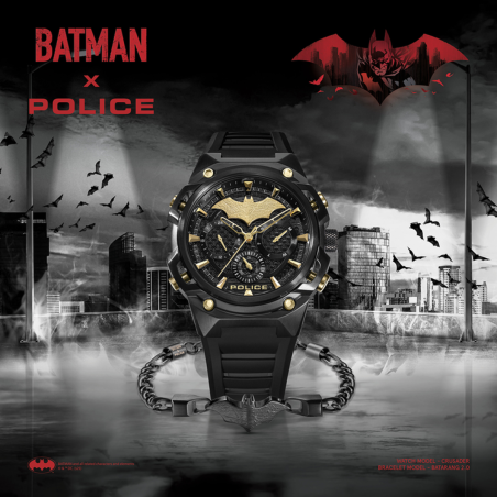 Set Reloj + Pulsera POLICE Crusader Hombre - Edición Limitada BATMAN - Murciélago Dorado e IP Negro | 5 ATM | PEWGQ0089902-SET