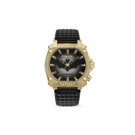 Reloj POLICE Batman Forever Hombre - Edición Limitada - Brazalete de Cuero Negro con Caja Dorada | 5 ATM | PEWGD0022602