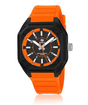 Reloj MAREA Hombre - Brazalete de Silicona Naranja y Caja Cuadrada - Esfera Negra / Naranja | 20 ATM | B35386/5