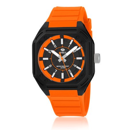 Reloj MAREA Hombre - Brazalete de Silicona Naranja y Caja Cuadrada - Esfera Negra / Naranja | 20 ATM | B35386/5