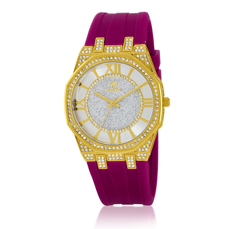 Reloj MAREA Fancy Mujer - Brazalete Silicona Rosa y Caja Octogonal IP Dorado con Pedrería - Esfera Brillo | 5 ATM | B41453/5