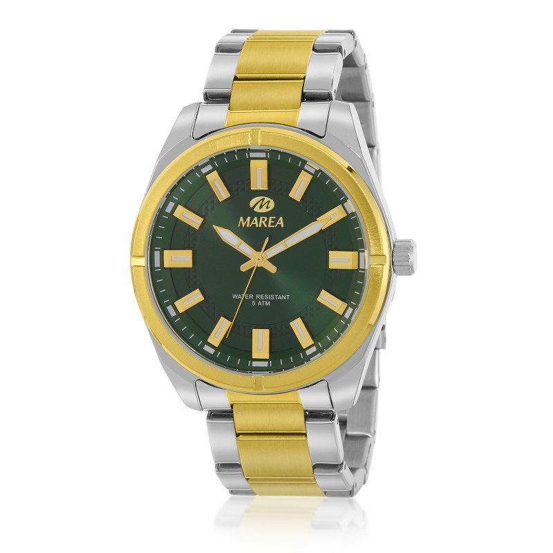 Reloj MAREA Hombre - Brazalete de Acero Bicolor IP Dorado y Caja de 44mm - Esfera Verde con Detalles Oro | 5 ATM | B54267/4 Reloj MAREA Hombre - Brazalete de Acero Bicolor IP Dorado y Caja de 44mm - Esfera Verde con Detalles Oro | 5 ATM | B54267/4