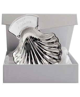 Concha Bautismal – Concha Plateada Personalizable con Nombre y Fecha – Incluye Estuche | 14x11 cm | 09213