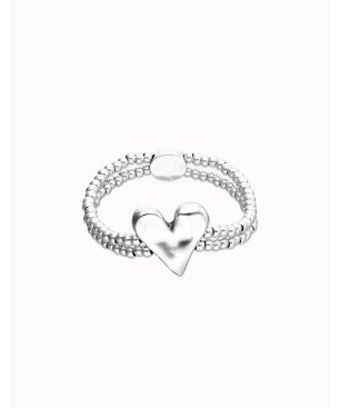 Pulsera UNOde50 Pálpito Mujer - Elástica Doble de Acero Bañada en Plata - Cuentas y Detalle Corazón | TALLA M | PUL2637MTL0000M