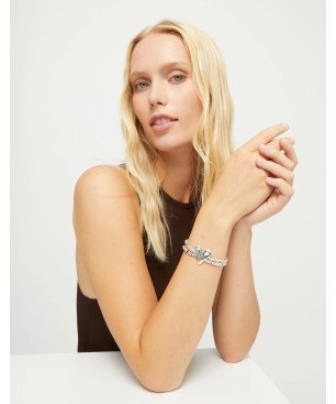 Pulsera UNOde50 Pálpito Mujer - Elástica Doble de Acero Bañada en Plata - Cuentas y Detalle Corazón | TALLA M | PUL2637MTL0000M