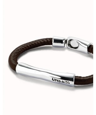Pulsera UNOde50 Ser Natural Hombre -  Cuero con Cierre y Pieza Tubular de Acero Bañada en Plata | TALLA XL | PUL2462MARMTLXL
