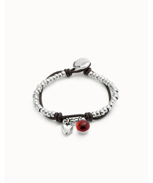 Pulsera UNOde50 Ser Facinante Mujer - Cuero y Bolas Acero Bañadas en Plata de Ley - Cristal Rojo | TALLA L | PUL2527ROJMTL0L