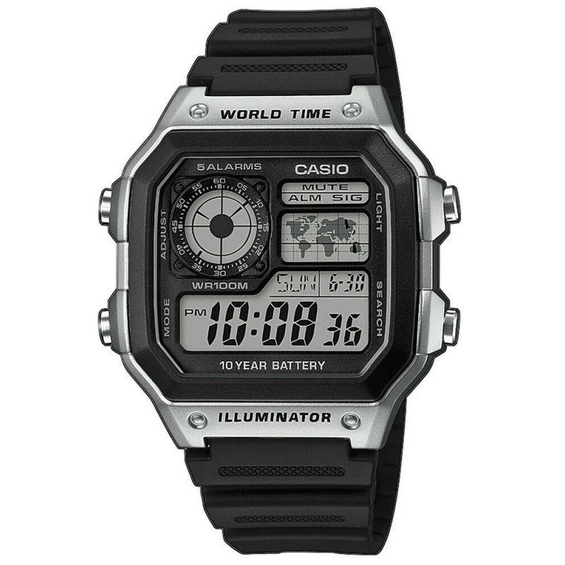 Reloj CASIO AE-1200WH-1CVEF Hombre Digital Negro con Hora Mundial, Mapa Mundial, 10 BAR y Batería de 10 Años Reloj CASIO AE-1200WH-1CVEF Hombre Digital Negro con Hora Mundial, Mapa Mundial, 10 BAR y Batería de 10 Años