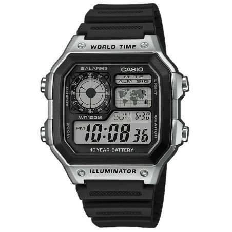 Reloj CASIO AE-1200WH-1CVEF Hombre Digital Negro con Hora Mundial, Mapa Mundial, 10 BAR y Batería de 10 Años